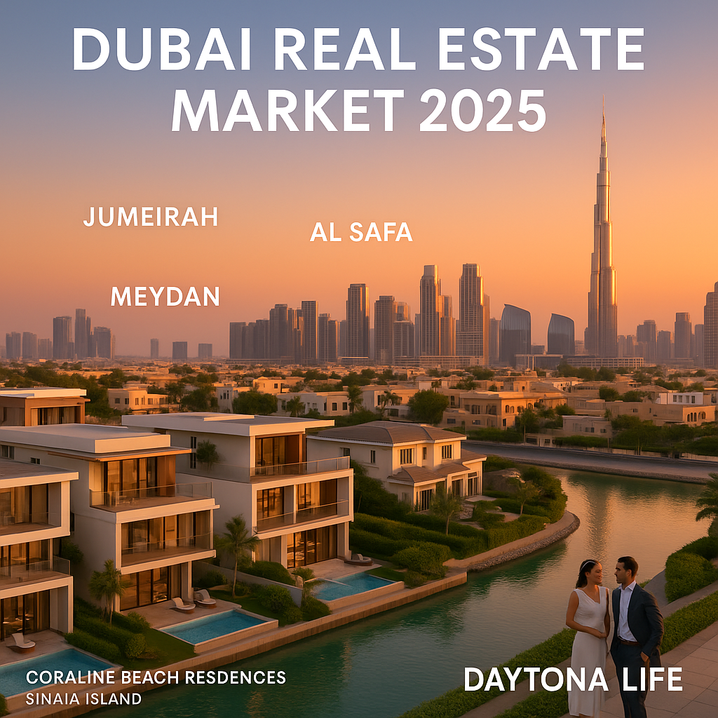 Dubai Real Estate Market 2025 with Jumeirah, Meydan, Al Safa, Coraline Residences and Burj Khalifa in view