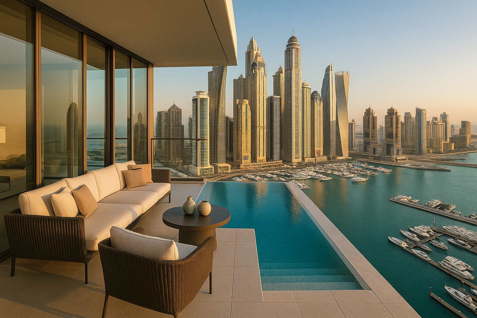 "Luxury apartment in Dubai Marina with sea view, modern balcony, infinity pool, and panoramic skyline – Dubai Real Estate Market 2025.
