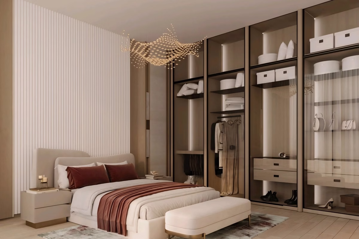 Modern bedroom with open walk-in wardrobe at Binghatti Flare Dubai apartments
