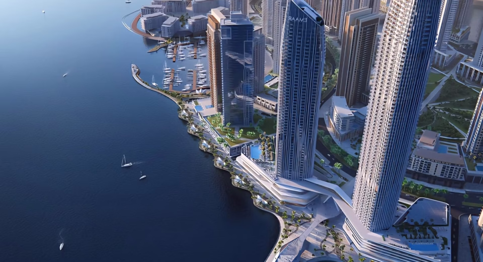 Panoramic view of luxury waterfront apartments in Dubai Creek Harbour