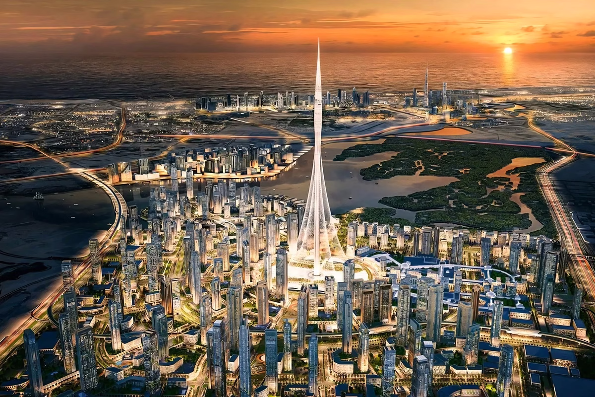 A panoramic view of Dubai Creek Harbour, featuring iconic towers, waterfront walkways, and modern urban design.