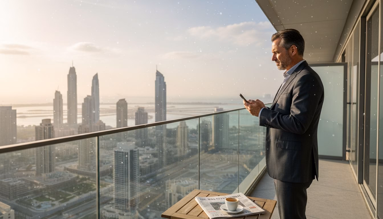 Investor viewing Dubai luxury skyline