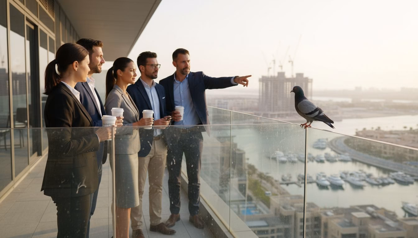 Dubai Marina skyline with residents on terrace