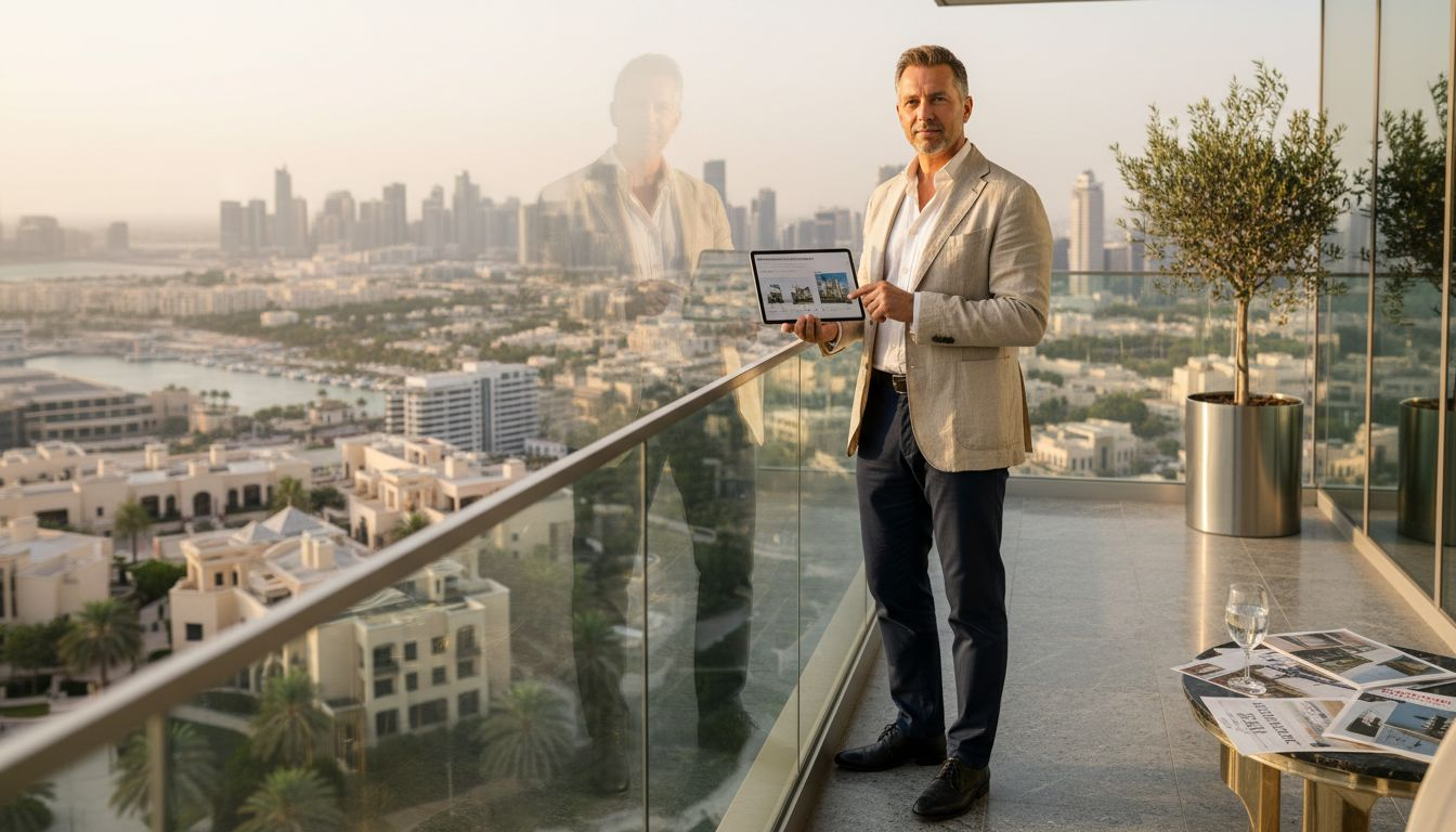 Investor overlooking Dubai Marina from penthouse balcony